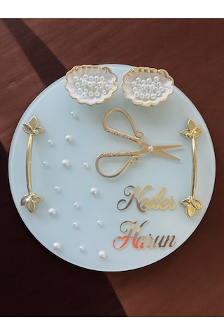 Beloved Gold Beyaz İncili Söz Tepsisi Nişan Tepsisi Ve Damat Kahve Fincan Tepsi Seti Krem Krem