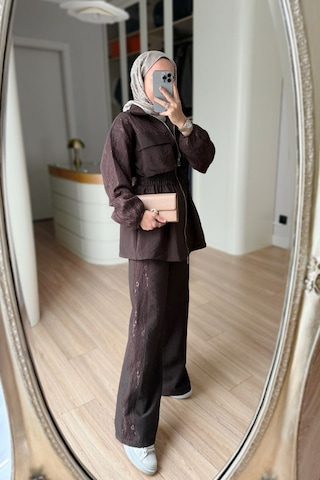 Ka Hijab Dantel Detaylı Takım - Kahverengi