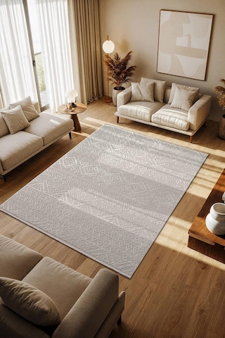 Cotto Motto Tt008g Gri Halı Modern Geometrik Desen Pamuk Taban Yıkanabilir Salon Mutfak Halısı