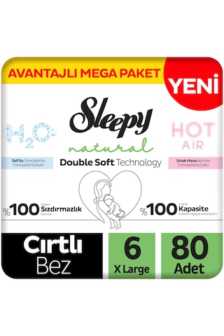 Sleepy Natural Double Soft Avantajlı Mega Paket Bebek Bezi 6 Numara Xlarge 80 Adet