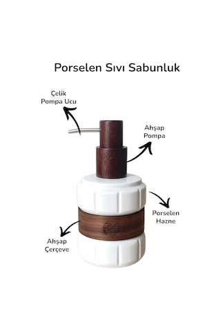 Ahşap Detaylı Porselen Sıvı Sabunluk 450 Ml Çelik Pompa Uçlu Mutfak Ve Banyo Deterjanlık Kahverengi