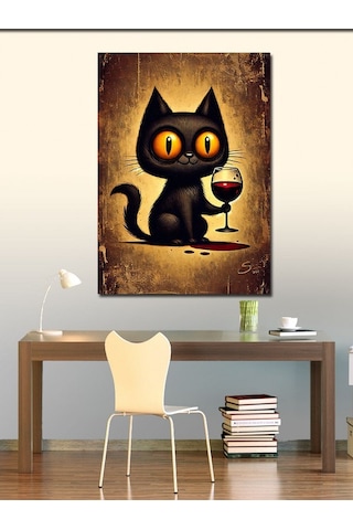 Kanvas Tablo Şarap Tutan Siyah Kedi 50cmx70cm