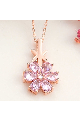 925 Ayar Gümüş Rose Pembe Sevgi Çiçeği Kadın Kolye Rose Gold