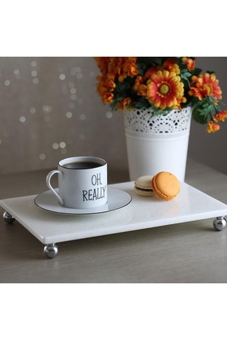 Akayev Mermer Beyaz 30x20 cm Gümüş Boncuk Ayaklı Sunum Tabağı