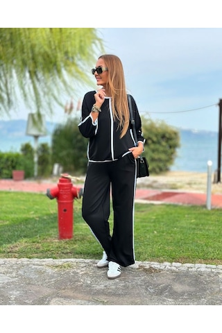 Sensuelle Kadın Bisiklet Yaka Truvakar Kol Biye Detay Bluz Ve Yüksek Bel Lastikli Pantolon Ikili Takım Siyah