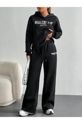 Macklin Unisex Kadın Erkek Healty For Baskılı Oversize 3 İplik Kapüşonlu Sweatshirt Ve Baggy Eşofman Altı Siyah