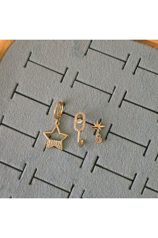 Özel Seri Taşlı Yıldız Üçlü Çelik Küpe Gold