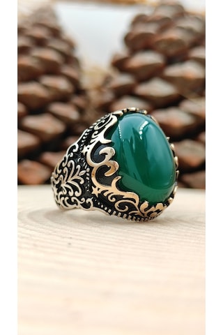 Gümüş Erkek Yüzük Yeşil Akik Taşlı