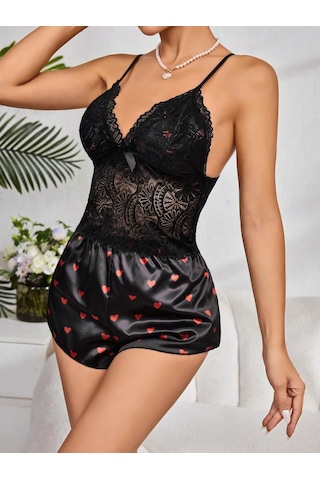 Motto10 Butik Kadın Siyah Kırmızı Kalp Desenli Saten Şort Pijama Takımı 2232