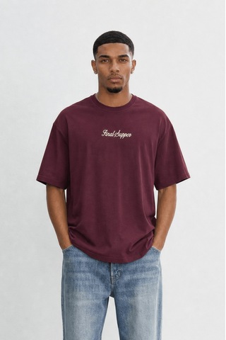 Respire Erkek Final Supper Nakışlı Oversize T-shirt Bordo