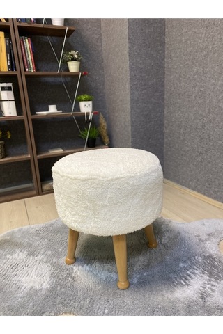 Asedia Miskin Naturel Teddy Krem Ahşap Ayaklı Peluş Puf Makyaj Koltuğu Yuvarlak Tabure