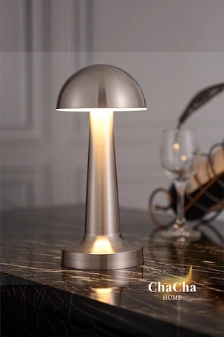Chacha Home Mila Metal Led Masa Lambası 22x10 Cm - Mantar Başlıklı Lüks Dekoratif Abajur Ve Gece Lambası Gümüş