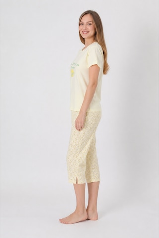 Pijamask Kadın Açık Sarı Limon Baskılı Kapri Pijama Takımı Kısa Kollu Bisiklet Yaka Yazlık Ev Giyim P10-33 Sarı