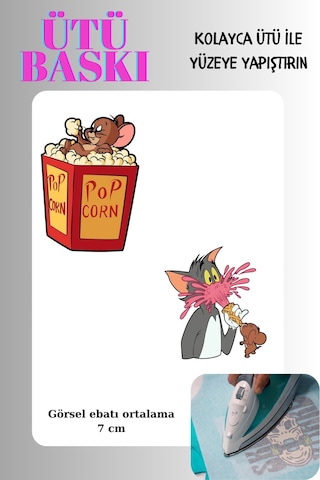 Ütü İle Yapışan Tekstil Transfer Dtf Baskı 2 Adet Tom Ve Jerry Popcorn - 674581023