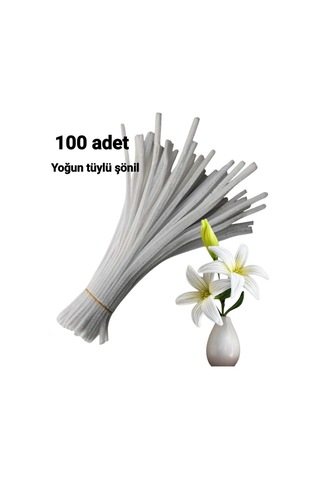 100 Adet Beyaz Şönil, Çiçek Yapımına Uygun Tüylü Tel, 30 Cm 6 Mm