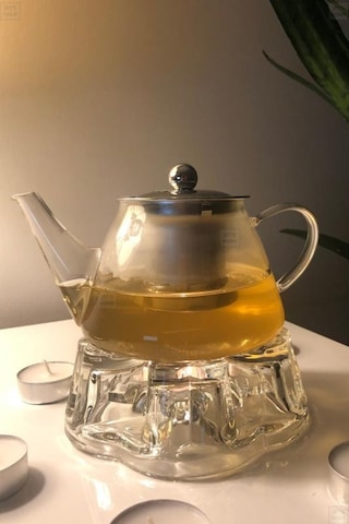 2 Li Set Cam Demlik Ve Cam Isıtıcı Süzgeçli Demlik 500 Ml Bitki Çayı Demliği Borasilikat V Şeffaf