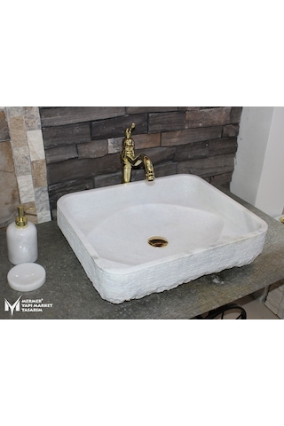 Beyaz Mermer Dışı Taramalı Kedi Gözü Model Lavabo