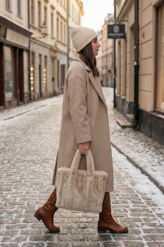 Vivazzaluxe Vintage Peluş Kürk Model Sonbahar, Kış Tote Bag Kadın El, Kol, Omuz Çanta Krem