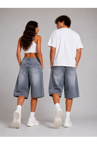 St.poll Eskitme Yıkama Unisex Baggy Denim Şort Gri