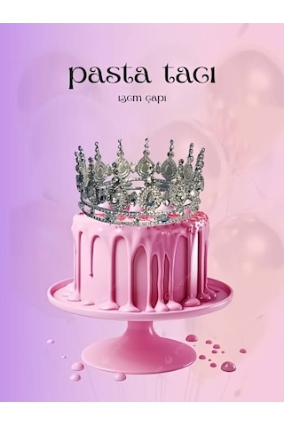 Pasta Tacı Doğum Günü Tacı Kraliçe Tacı Pastatacı Kına Düğün Tacı Üç Damla Gümüş Kaplama 13cm Silver