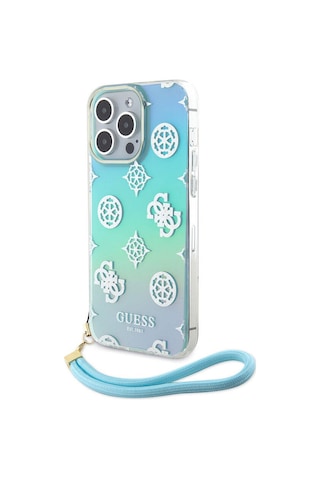 Apple Uyumlu iPhone 15 Pro Max Kılıf Guess Lisanslı Desenli Yazı Logolu Askı İpli Holografik Glitter Peony Siyah