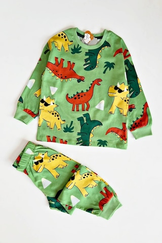Bunny Hopp Erkek Çocuk Dinozor Desenli Pijama Takımı - %100 Pamuk Süprem Penye Kumaşlı Yeşil