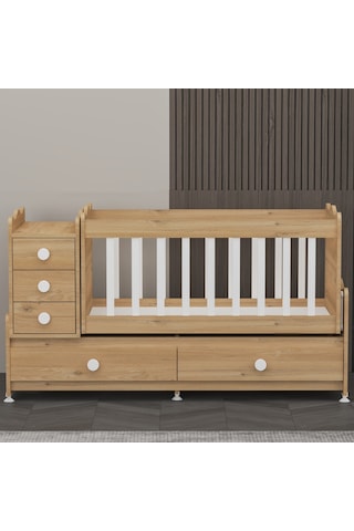 Garaj Home Melina 5 Çekmeceli Büyüyen Mdf Çıtalı Beşik - Meşe Beyaz