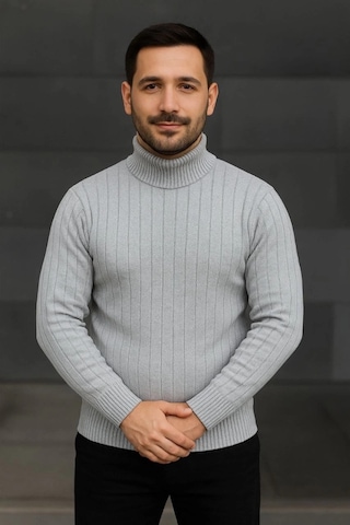 Erkek Balıkcı Yaka Bağazlı Triko Kazak Pamuklu Kalın Fitilli Dokuma, Regular Fit Uzun Kollu Kışlık M Gri