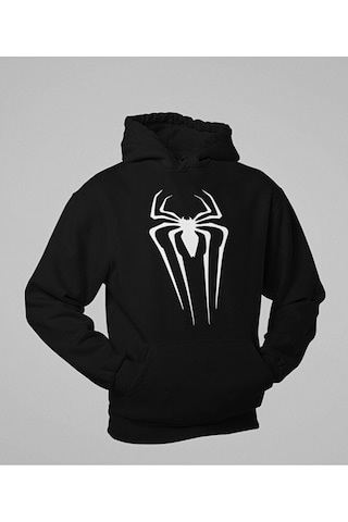 Sevbano Örümcek Adam Logo Baskılı Unisex Hoodie, Oversize Spider-man Hood Siyah