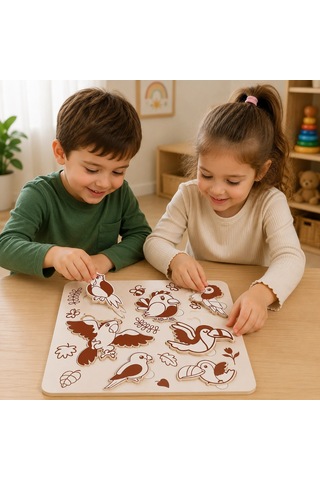 Sevimli Kuşlar Eğitici Ahşap Puzzle 20x20 Cm Beyaz Mdf Çocuk Gelişim Oyuncakları