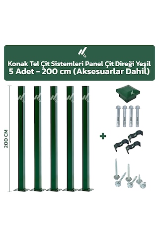 5 Adet Panel Çit Direği 200 CM Yeşil + Aksesuarlar