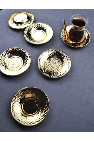 Qualitev 6 Adet Metal Çay Tabağı Dövme Desenli Çay Tabak 10 Cm Altın