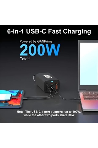 Topshop1 Siyah Yms-618 200w Gan Iıı 6 Portlu Usb C Şarj Aleti Qc3 1 Pd 100w Dizüstü Şarj Adaptörü Macbook İphone Uyumlu Galaxy Uyumlu S24 S23 S22 İçin