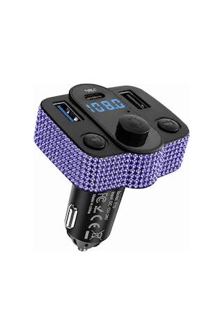 Araç İçi Mor-lila Kristal Taşlı Fm Transmitter Bluetooth Usb Type-c Oto Çakmaklık