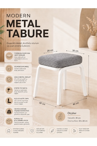 Metal Tabure - 4 Adet Beyaz Koyu Gri