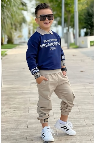 Modavals Gömlek Yaka Sweatshırt Ve Gabardin Kargo Pantolon Erkek Çocuk Kombin Lacivert