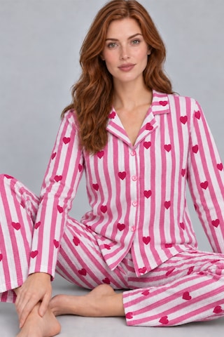 Womanandkids Night Pembe Kadın Uzun Kollu Gömlek Yaka Çizgili Kalpli Pijama Takımı 4770