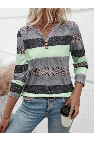 Tua Moda Kadın Uzun Kollu Yakadan Düğmeli Çizgili Desenli Süprem Bluz Yeşil