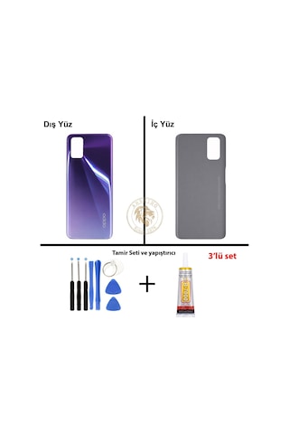 Oppo A72 Mor Arka Kapak + Yapıştırıcı Ve Vida Seti Arka Cam Batarya Pil Kapağı Lazer Kesim Çok Renkli
