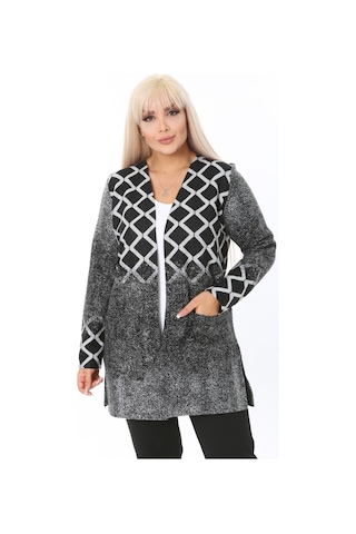 Melsay Butik Açık Gri Baklava Desen Kısa Büyük Beden Kadın Hırka Gri