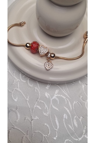 Uzel Xuping Gold Altın Renk Kırmızı Kap, Kırmızı Boncuklu, Taşlı Kalp Charmlı Çelik Bileklik Kırmızı