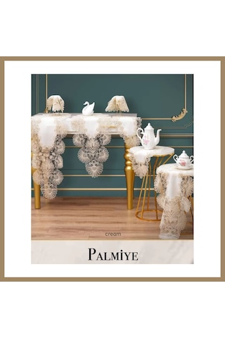 Kahveci.store Palmiye Model Krem-krem 7 Parça Keten Masa Örtüsü Runner Seti Çeyizlik Salon Dekorasyon 22