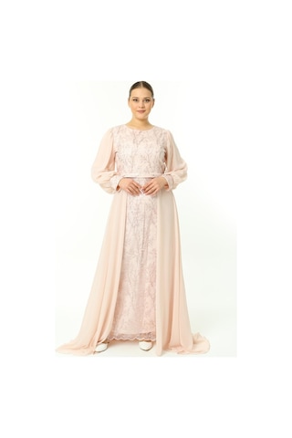 Ladies First Büyük Beden 3704 Pudra Uzun Abiye Elbise