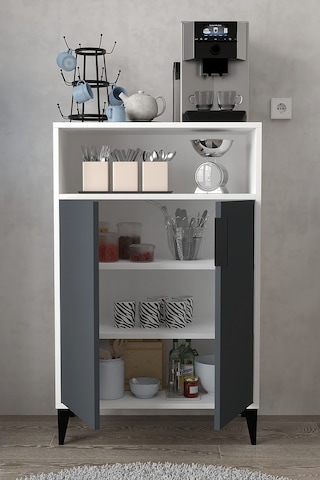 1202 Ada Çok Amaçlı Dolap , Kahve Köşesi , Kiler Dolabı , Mutfak Standı 2 Kapılı - Beyaz Antrasit Antrasit - Beyaz