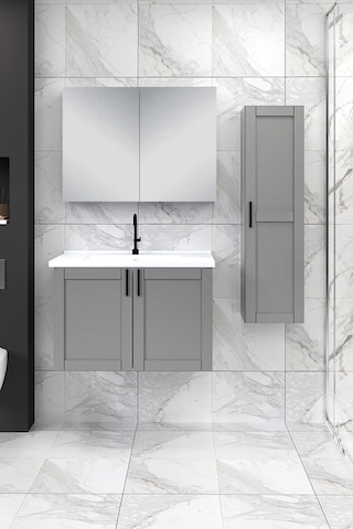 %100 Mdf 80 Cm Riva Banyo Dolabı + 30 Cm Riva Boy Dolabı Beyaz