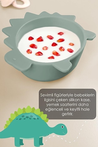 Meleni Baby Dinozor Figürlü Silikon Bebek Mama Kasesi - Şekilli Bebek Beslenme Kasesi - Yeşil Genel