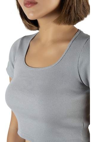 Terapi Men Açık Gri Havuz Yaka Fitted/vücuda Oturan Kısa Kol Crop Tişört Açık Gri