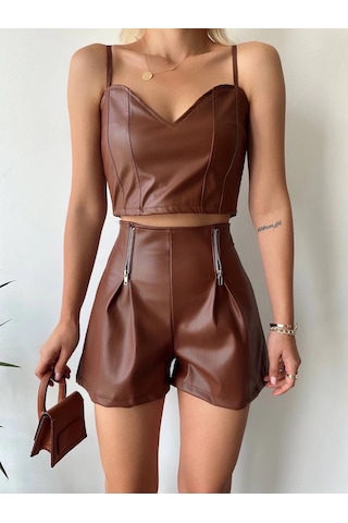 Defymoda Çift Fermuarlı Deri Şort Kahve H24394 Kahve