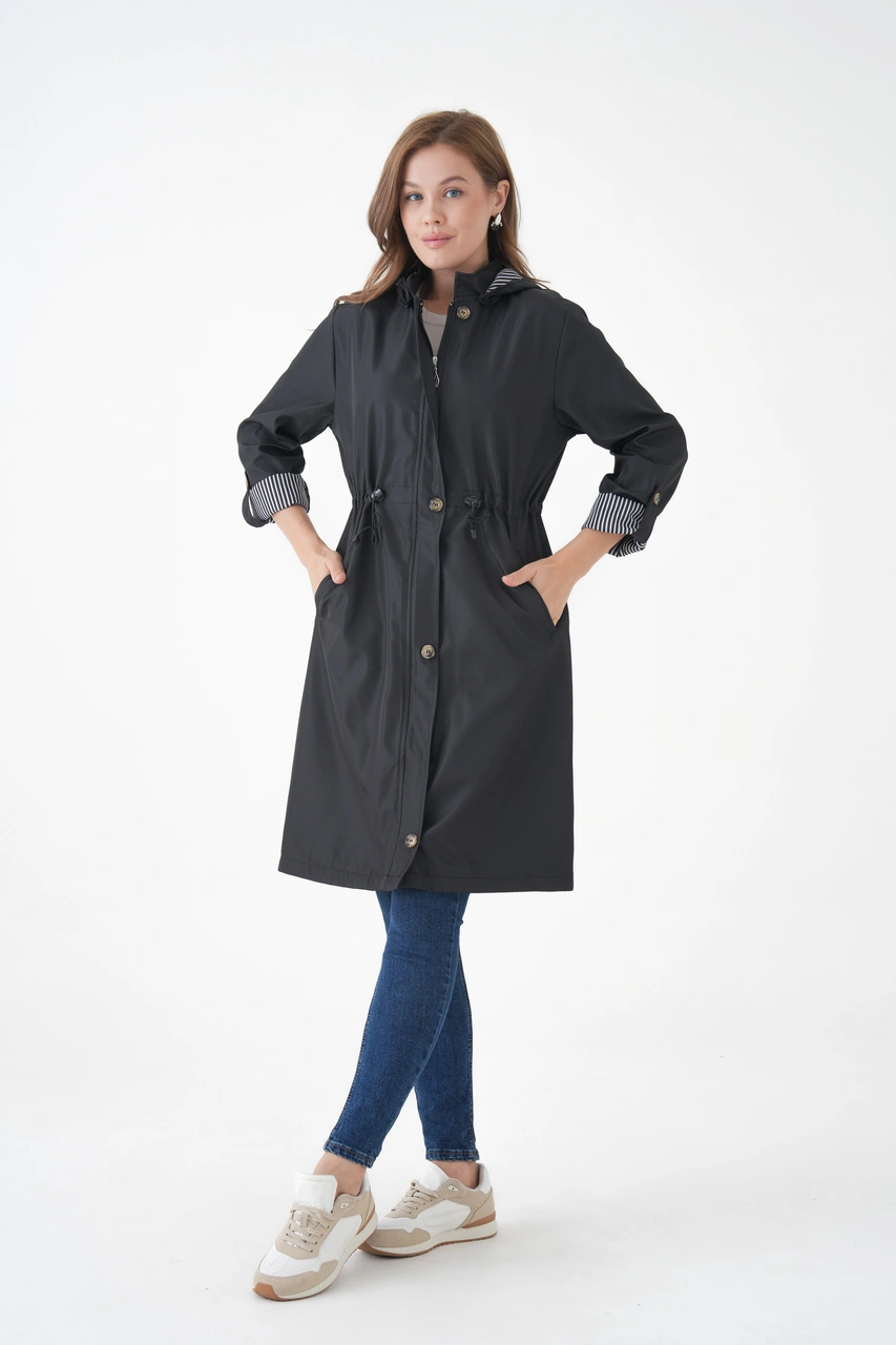 Kadın Rüzgar Ve Su Geçirmez Bondit Kumaş Çıkarılabilir Düğmeli Kapüşon Beli Tünelli Mevsimlik Trençkot Siyah