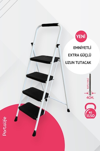 Portalife 4 Basamaklı Uzun Tutacaklı Çelik Şık Merdiven - Beyaz 150 Cm'ye Kadar
